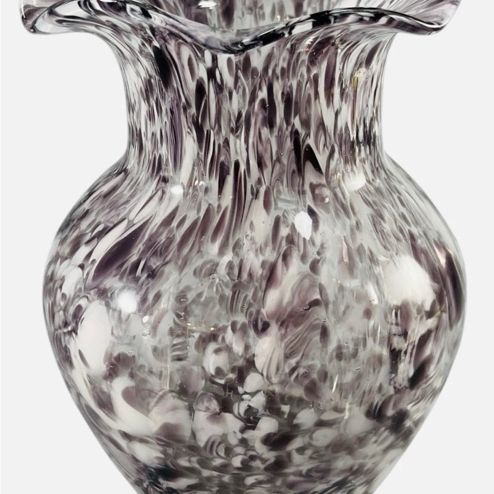 Hand Blown Confetti Art Glass Bud Table Vase Purple White Ruffle Edge 7”
